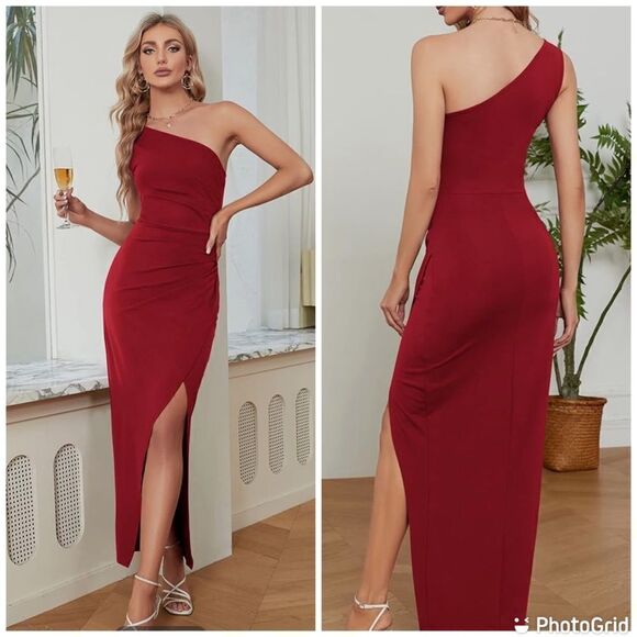 New Sarin Mathews One Shoulder Long Sexy Sleeveless Bodycon Ruched Wrap … - Picture 1 of 16